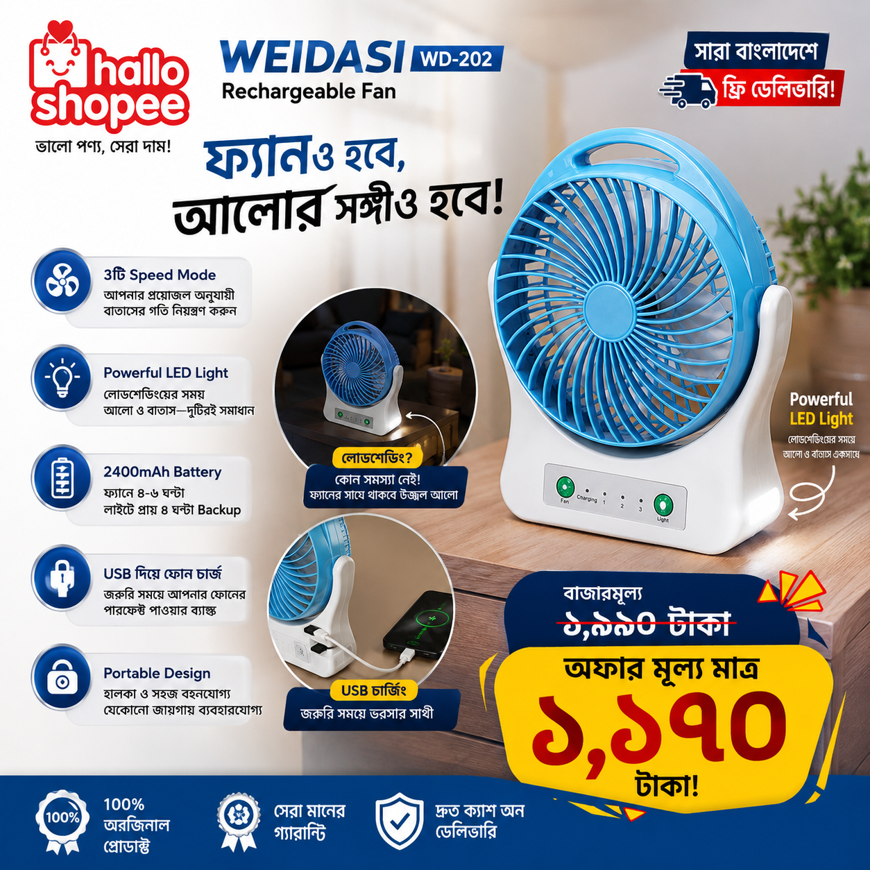 WEIDASI WD-202 Rechargeable Fan With Power Full Led Light